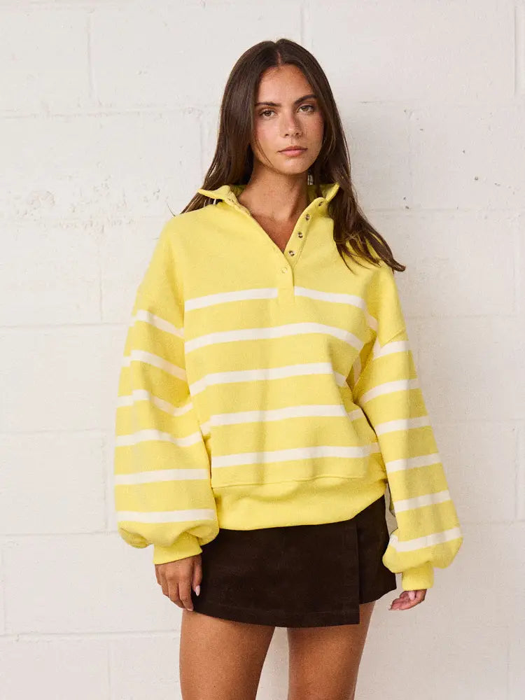 Addison Stripe Snap Button Pullover- Yellow Stripe