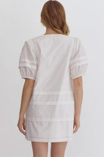 Simple White Dress with Pintuck Pleats, Puff Shoulders and Pockets!