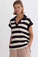 Black and Ivory Collared Striped V Neck Top