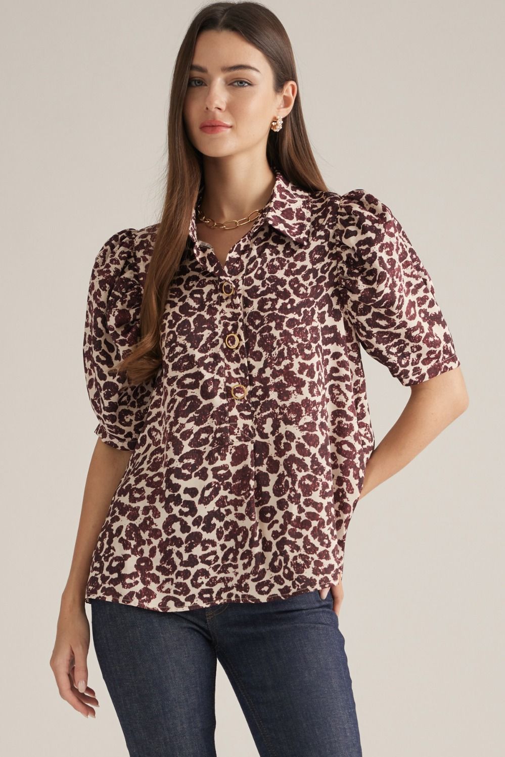 Maroon Leopard Pleated Sleeve Button Down Top