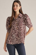 Maroon Leopard Pleated Sleeve Button Down Top