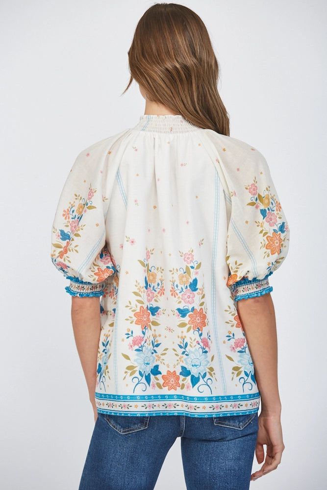 Border Print Smocked High Neck Blouse by Fate