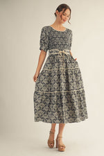 Myra Black and Ivory Smocked Bodice Belted Midi