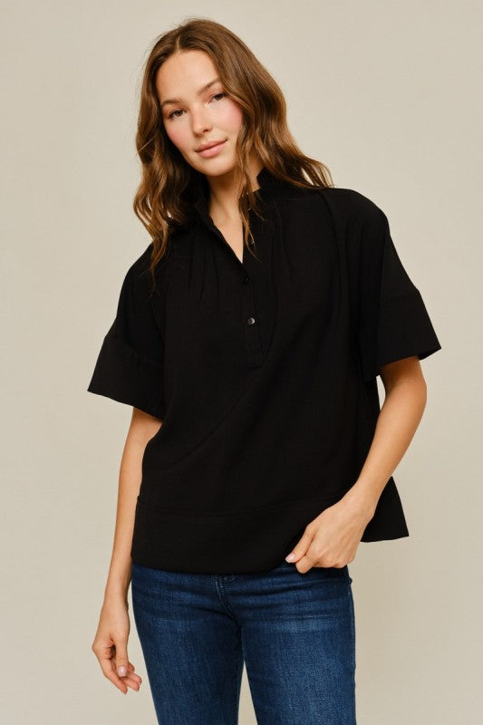 Fran Pintuck Detail High Neck Top- Black