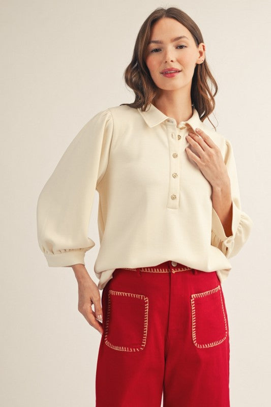 Bray Soft Gold Button Collar Top- Cream