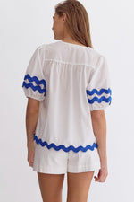 White Poplin Top with Ric Rac in Royal Blue