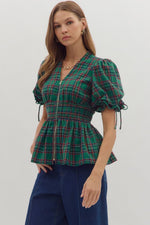 Green Plaid Front Zip Peplum Top