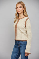 Charlotte Camel Leather Trim Cable Knit Sweater by FATE