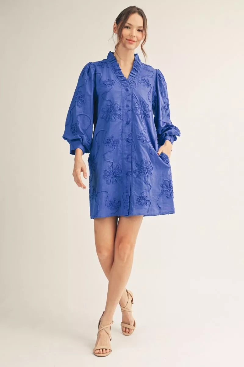 BUTTON DOWN 3D FLORAL DRESS- ROYAL