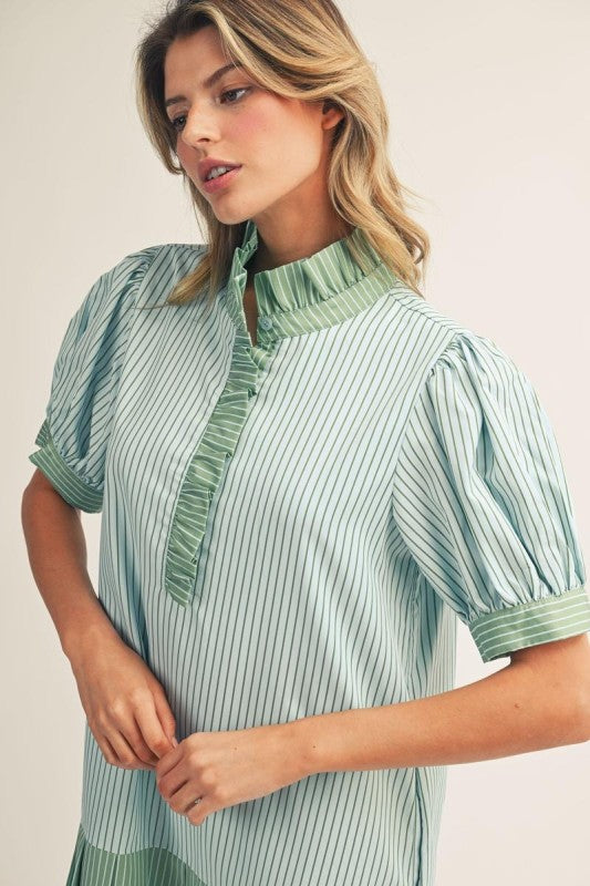Aqua/Green Ruffle Neck Pleated Hem Mini Dress
