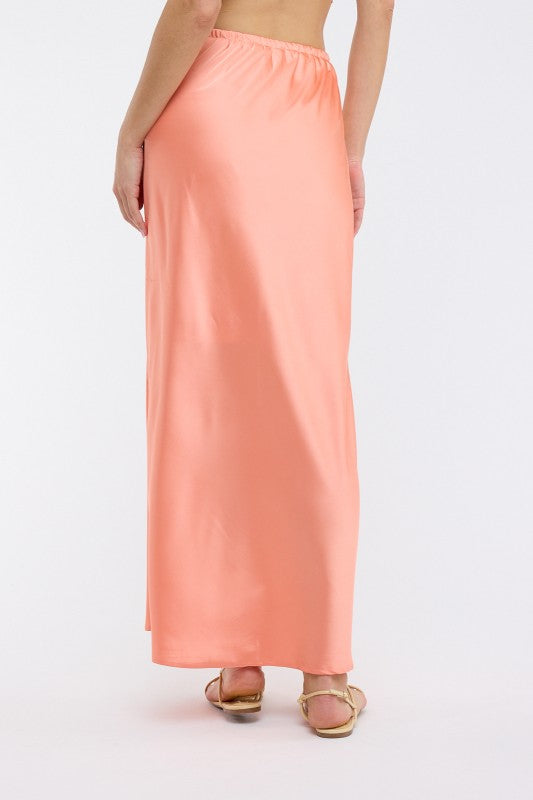 Victoria Satin Midi Skirt with Side Slit- Melon