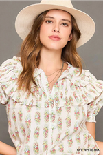 Floral Print Top with Ruffle Bib Detail