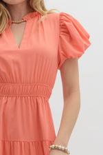 Coral Puff Sleeve Smocked Waist Tiered Maxi Dress