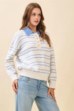 Veda Striped Knit Drop Shoulder Ribbed Trim Pullover