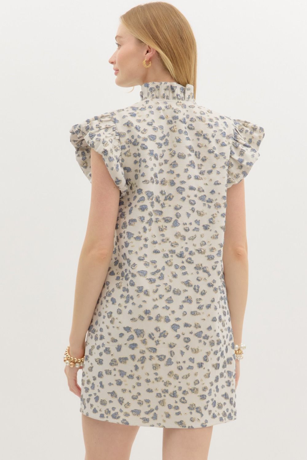 Metallic Textured Pattern Button Front Mini Dress featuring Ruffle Neck and Shoulder with Side Pockets ** available in Lemon Gold Or Navy Gold
