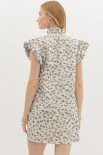 Metallic Textured Pattern Button Front Mini Dress featuring Ruffle Neck and Shoulder with Side Pockets ** available in Lemon Gold Or Navy Gold