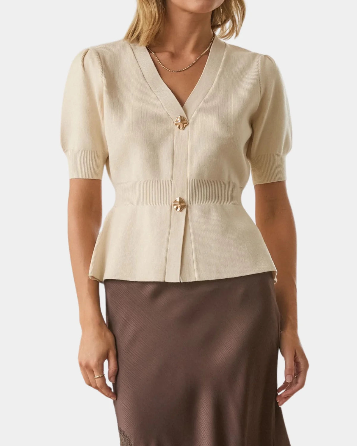 Cora V Neck Gold Button Sweater by Skies are Blue - Ivory