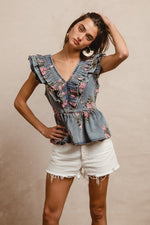 Vintage Floral Ruched V Neck Denim Peplum Top