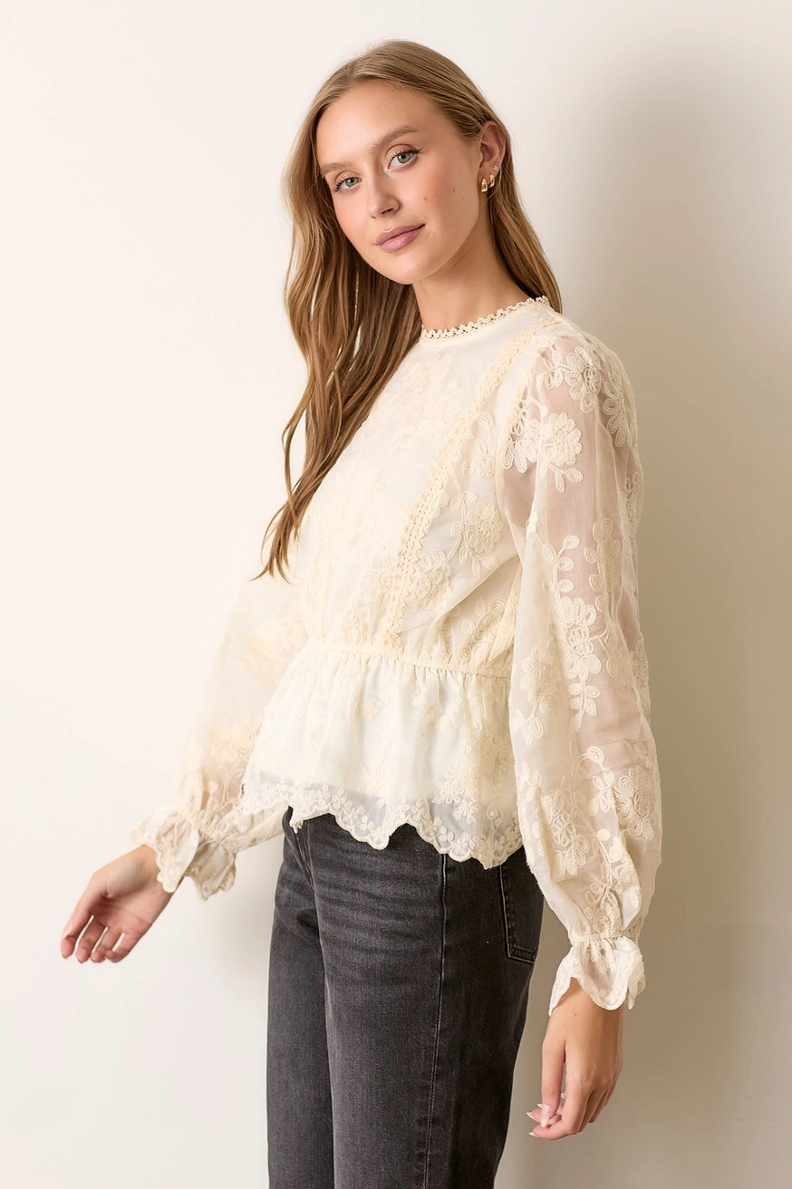 TEXTURED LACE PRINTED LONG SLEEVE TOP