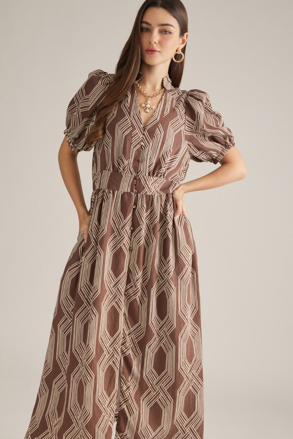 Reese Printed Puff Sleeve Midi Dress - Coffee