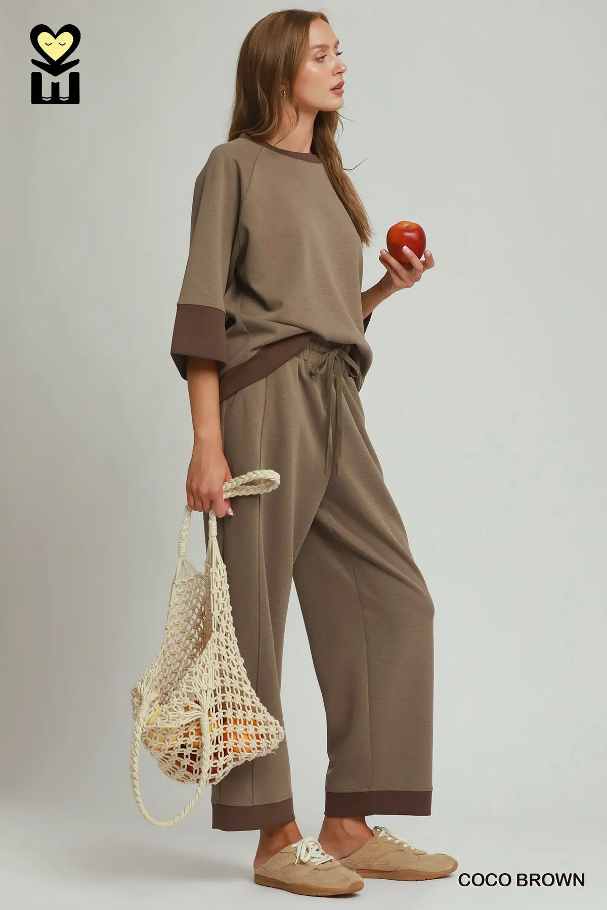 CLOUDKNIT Raglan Sleeve Colorblock Crewneck Top & Straight Pant SET- Cocoa Brown