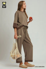 CLOUDKNIT Raglan Sleeve Colorblock Crewneck Top & Straight Pant SET- Cocoa Brown