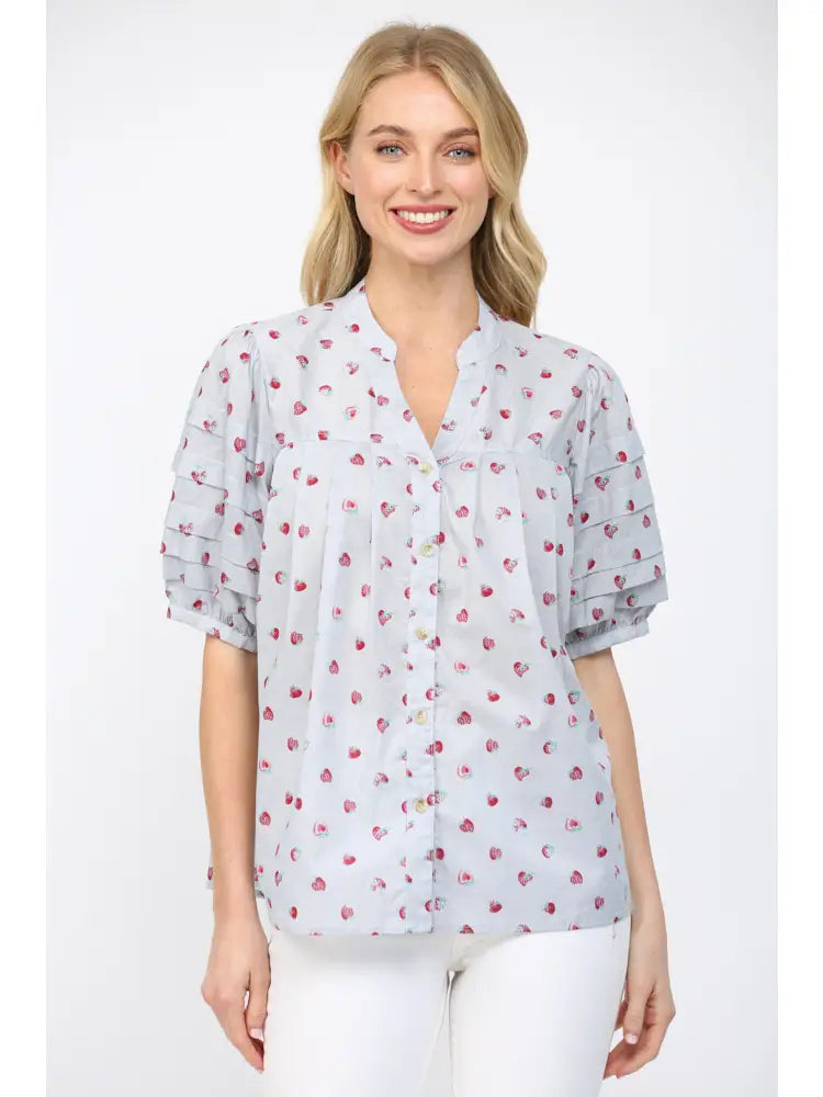 Strawberry Motif Print Tuck Detail Split Neckline Top by Fate