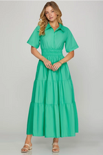 HALF SLEEVE TIERED SHIRT WOVEN MAXI DRESS WITH ELASTIC WAIST AND POCKETS IN SOFT JADE