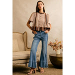 Gingham Check Lace Trim Flutter Sleeves Blouse Top- Brown