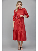 RED FAUX LEATHER TIERED MIDI DRESS by FATE