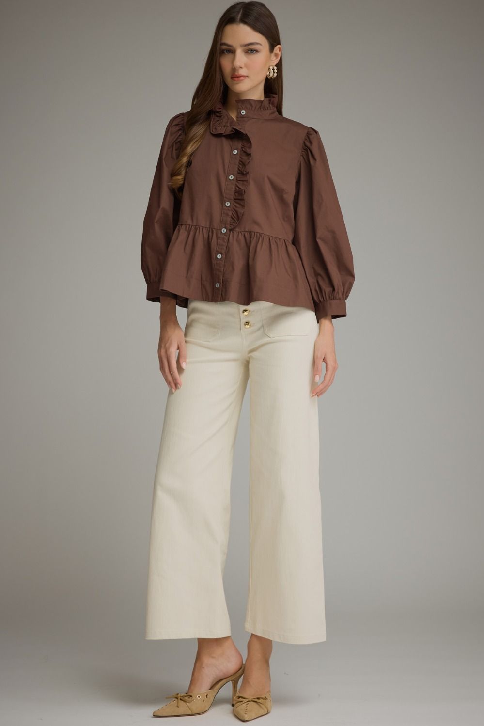 Peplum Button DownTop with Standing Ruffle Collar - Brown
