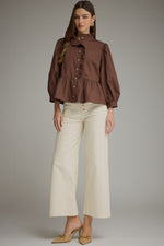 Peplum Button DownTop with Standing Ruffle Collar - Brown