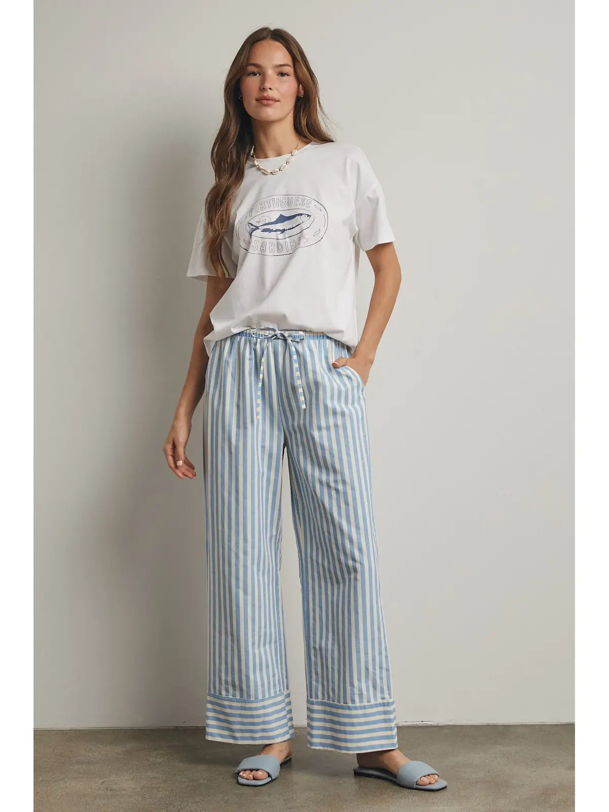Sky Blue/Natural Contrast Stripe Wide Leg Pants