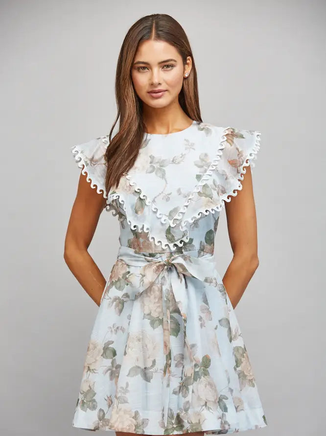 Wavy Lace Trimmed Ruffle Chest Detail Floral Dress by Fate