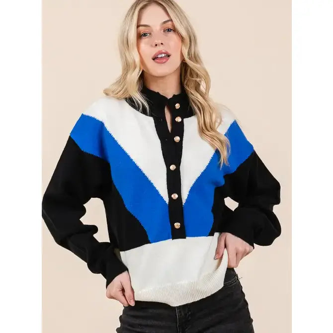 Color Block Button Down Sweater- Black, Royal and Cream