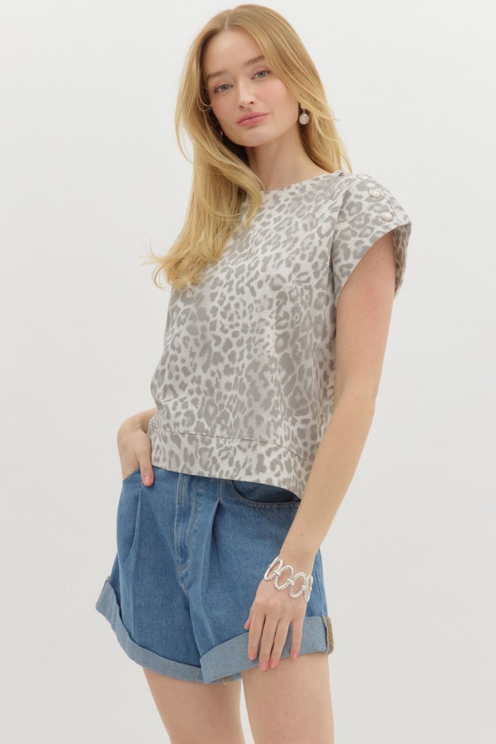 Gray Leopard Print Jersey Knit Pullover Top with Studded Shoulder Detail