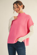 Mock t Neck Ribbed Sleeveless Sweater- Pink