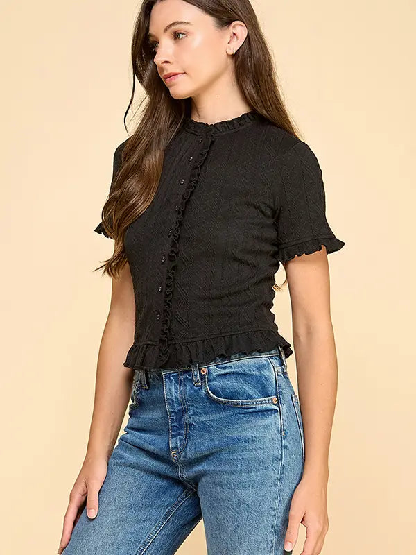Parker Cable Knit Button Down Top- Black
