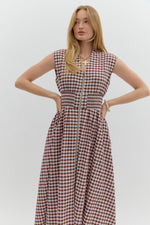Mocha Gingham Zip Front Midi Dress with Side Pockets