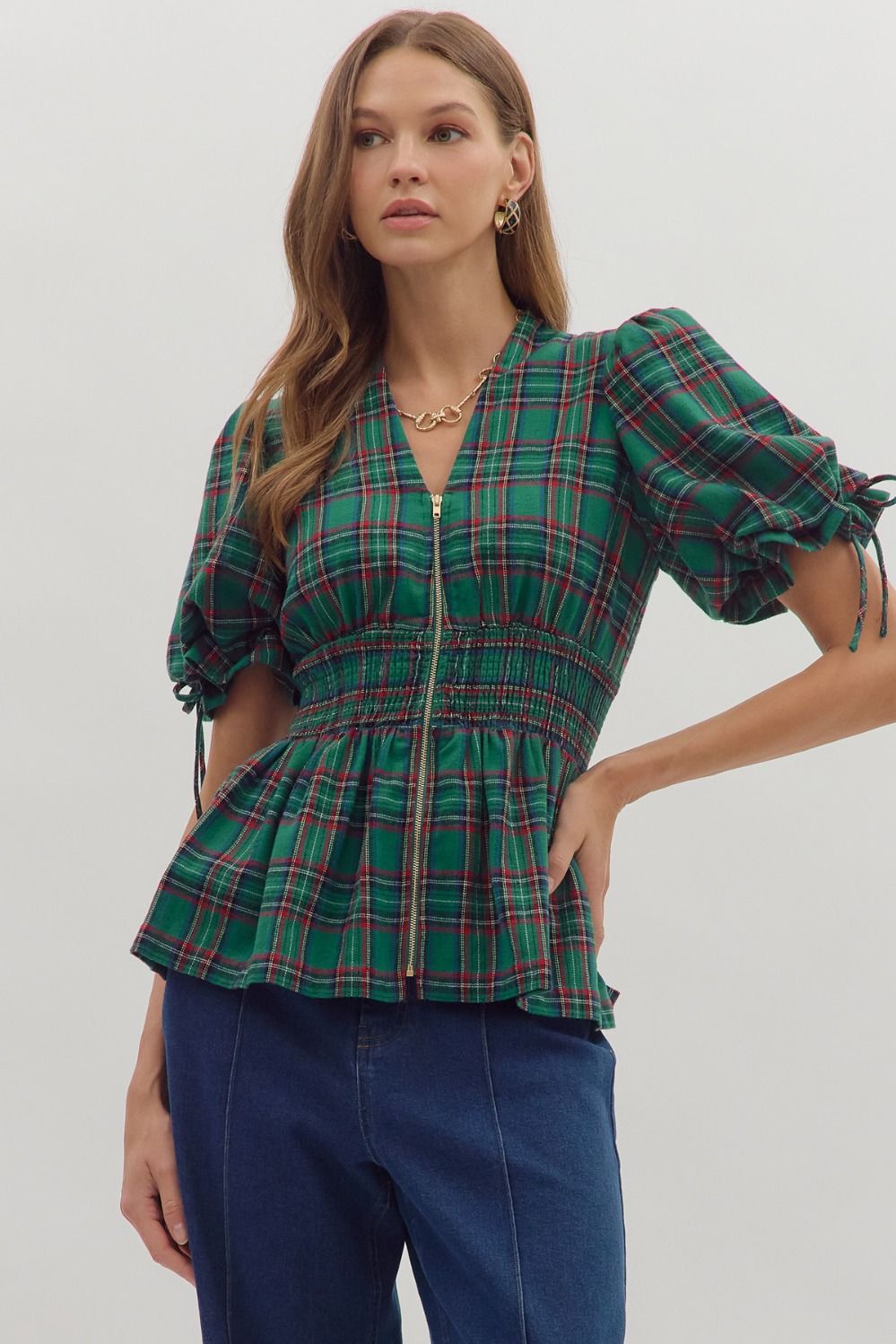 Green Plaid Front Zip Peplum Top