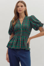 Green Plaid Front Zip Peplum Top