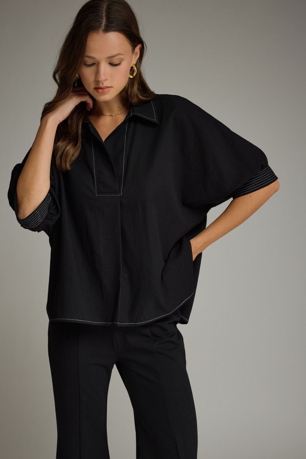 Heidi Black Collared V Neck Top with White Stitching Detail