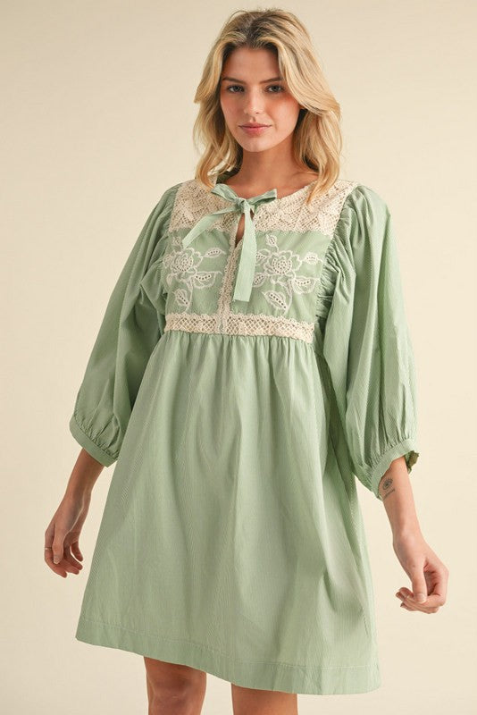 Light Green 3/4 Sleeve Striped Mini Dress with Crochet Lace Detail