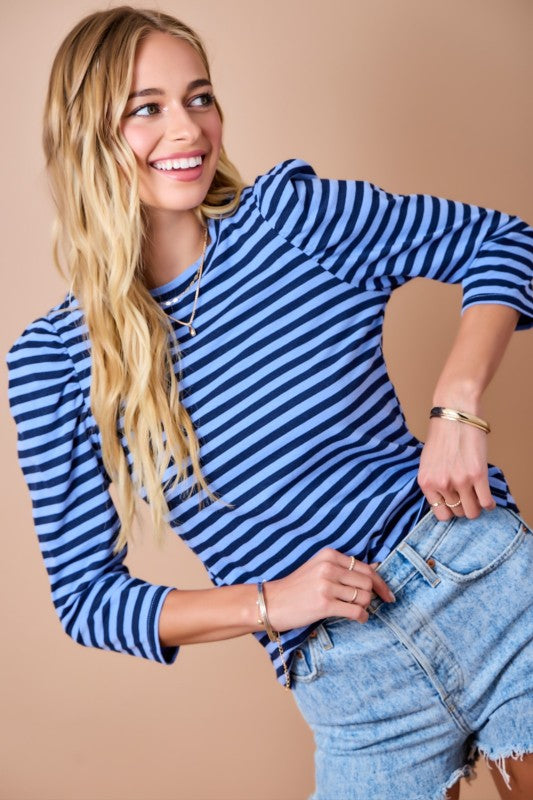 Tucker Striped Slim Fit Puff Shoulder 3/4 Sleeve Top -Navy/Sky