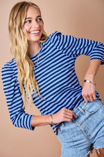 Tucker Striped Slim Fit Puff Shoulder 3/4 Sleeve Top -Navy/Sky