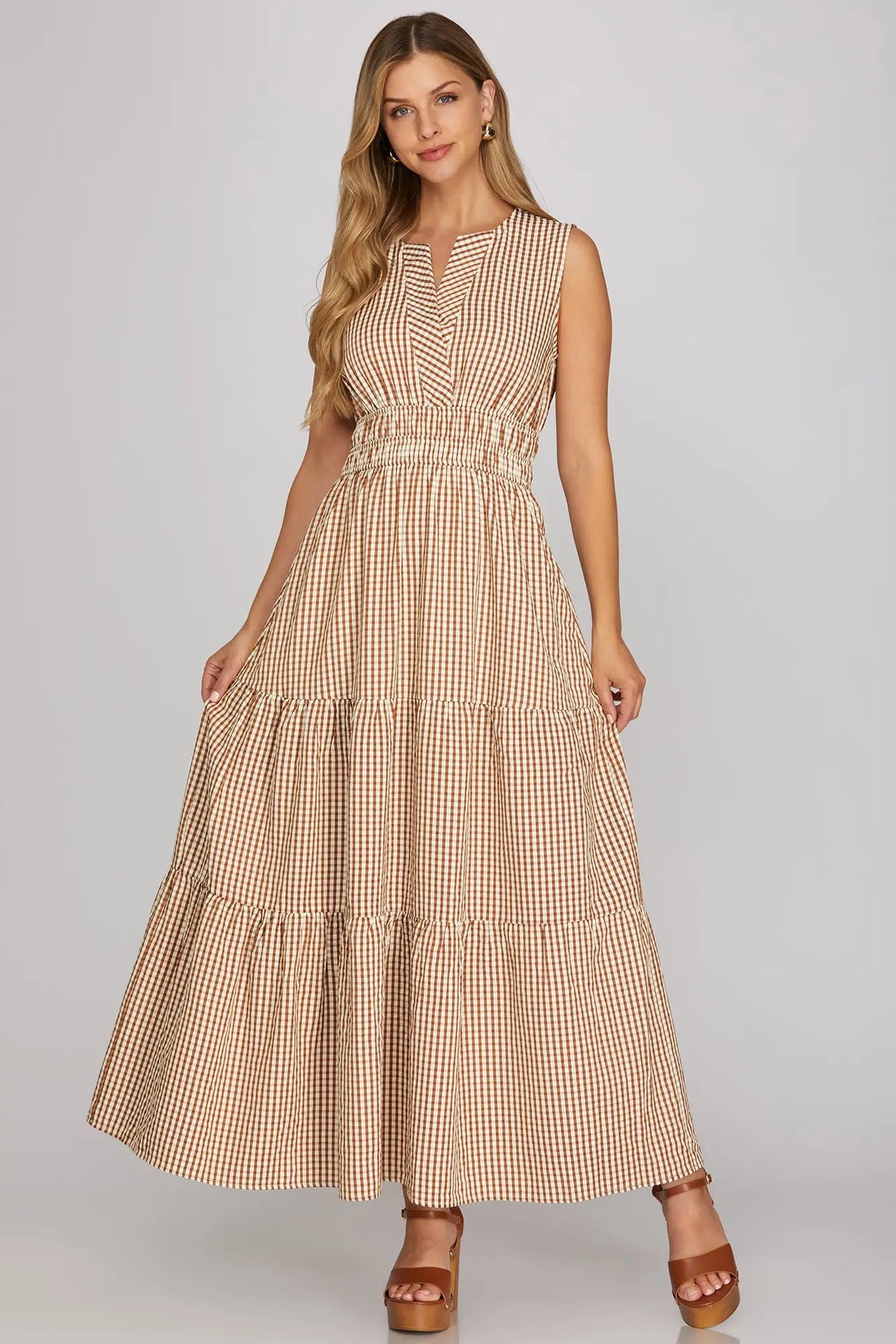 Dottie Gingham Tiered Sleeveless Maxi Dress- Brown