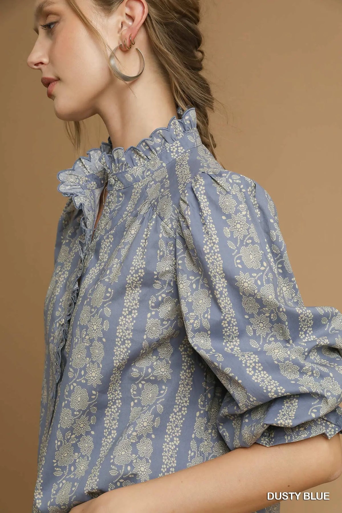 Dusty Blue High Ruffle Neck Button Front Top