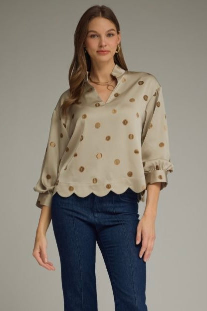 Champagne Mocha Polka Dot SatinTop with Scallop Hem