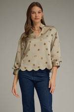 Champagne Mocha Polka Dot SatinTop with Scallop Hem
