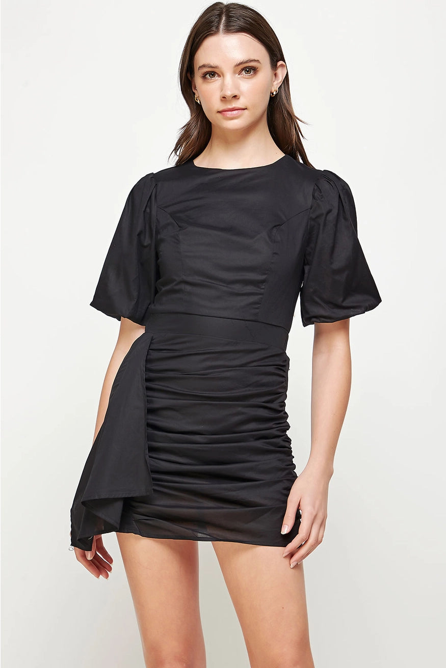 Ruched Short Puff Sleeve Voile Mini Dress